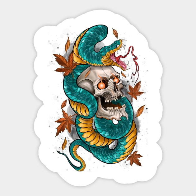 Japanese Tattoo Style Skull and Snake Sticker by Eugenex